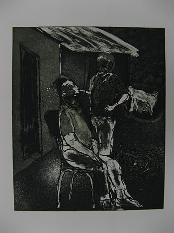 Click the image for a view of: Dumisani Mabaso. The victim of the township wars. 2009. Etching. 544X420mm